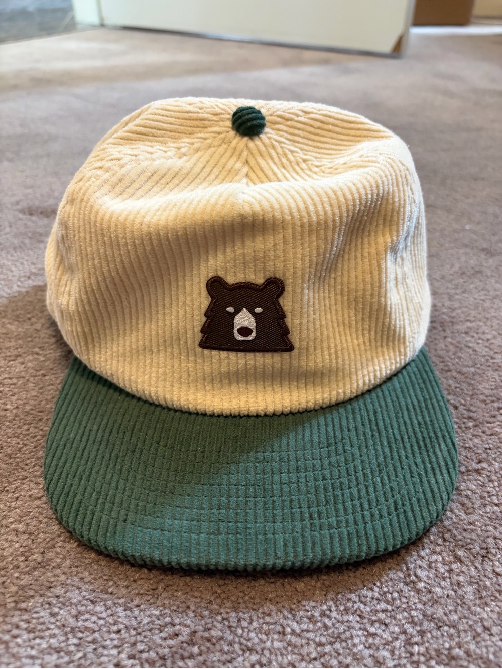 North Standrad Corduroy Bear Patch Cap in Cream and Green